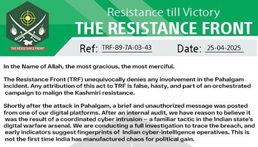 TRF denies responsibility for Pahalgam Terror Attack.