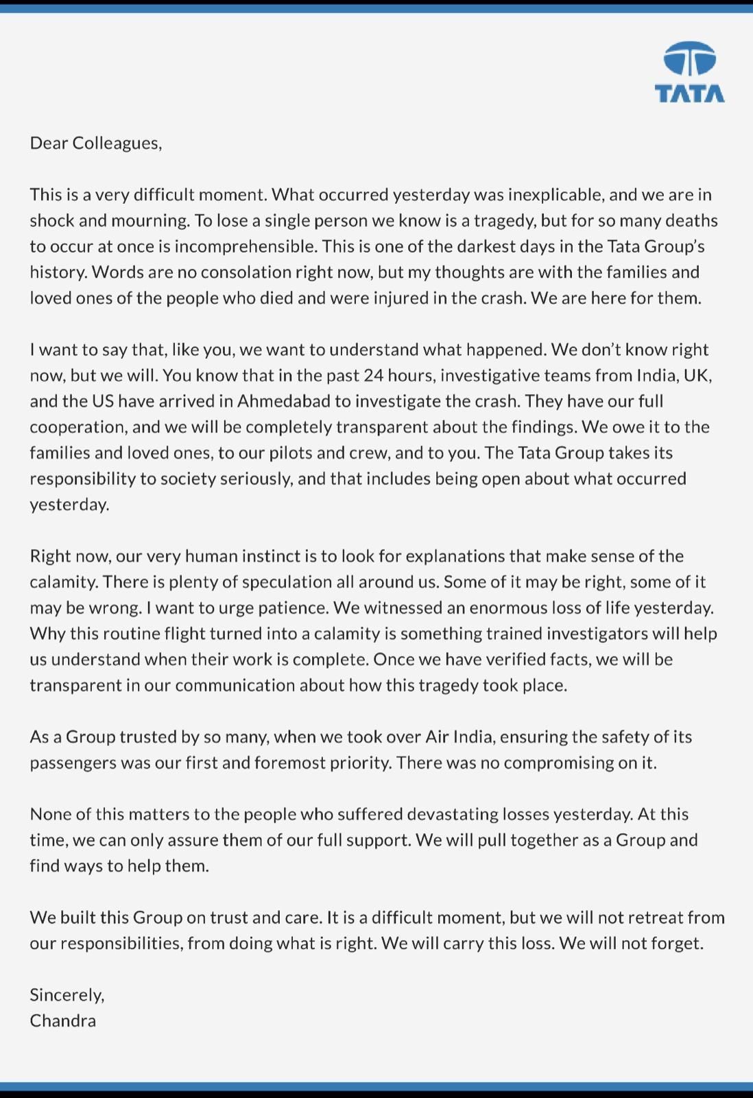 What did Chandrasekaran say about Ahmedabad Plane Crash.